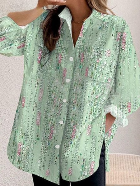 

Shirt Collar Long Sleeve Floral Pocket Stitching Regular Micro-Elasticity Loose Shirt For Women, Green, Shirts