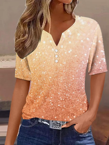 

Casual Random Print Notched Short Sleeve T-shirt, Pink, T-shirts