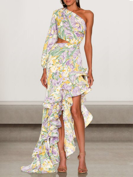 Women Floral One Shoulder Long Sleeve Comfy Sexy Maxi Dress, White-yellow, Dinner dress