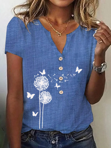

V Neck Short Sleeve Dandelion Regular Loose Blouse For Women, Blue, Blouses