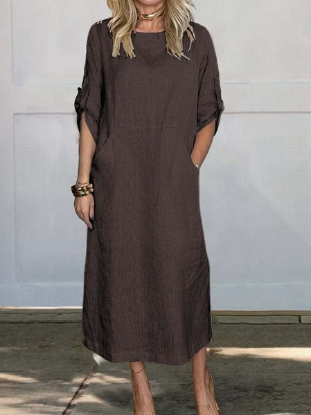 

Loose Plain Casual Crew Neck Dress With No, Coffee, Maxi Dresses