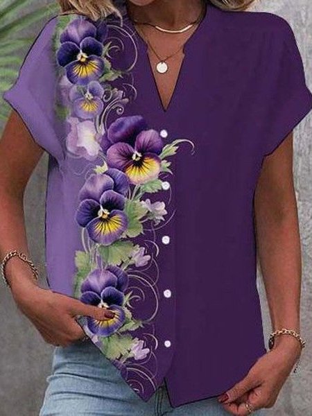 

Women's Short Sleeve Shirt Summer Floral Printing V Neck Daily Going Out Casual Top Purple, Shirts