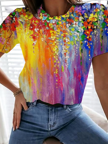 

Casual Floral Crew Neck Short Sleeve T-shirt, Multicolor, T-shirts