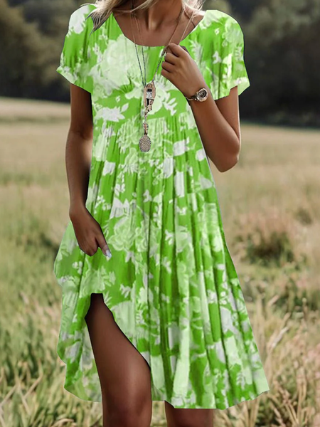 

Women Floral Crew Neck Short Sleeve Comfy Casual Mini Dress, Green, Dresses