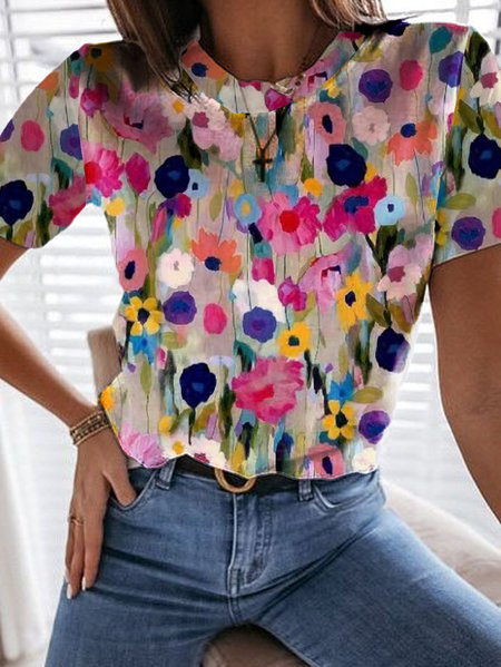 

Casual Floral Crew Neck Short Sleeve T-shirt, Multicolor, T-shirts