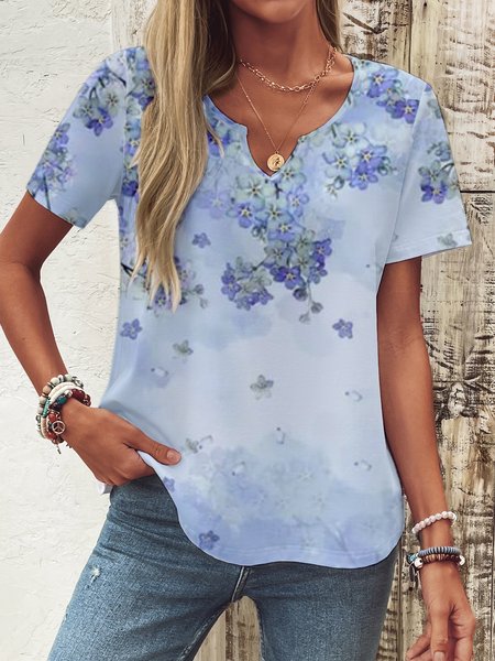 Casual Floral Notched Short Sleeve T-shirt, Blue, T-shirts