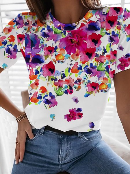 

Casual Floral Crew Neck Short Sleeve T-shirt, Multicolor, T-shirts