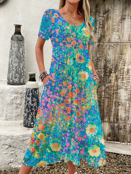 

Women Floral Crew Neck Short Sleeve Comfy Casual Buckle Maxi Dress, Multicolor, Dresses