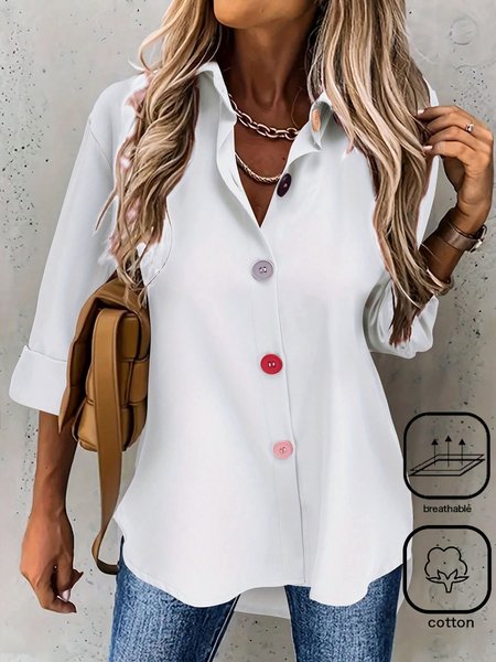 

Plus Size Plain Casual Buckle Shirt, White, Shirts & Blouses