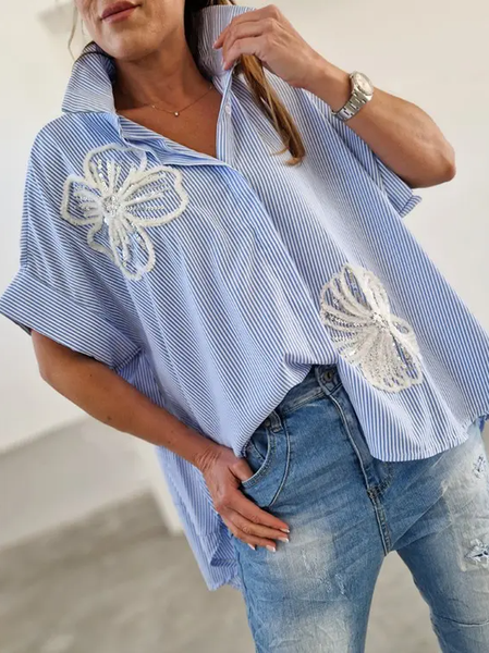 

Women's Long Sleeve Shirt Spring/Fall Striped Shirt Collar Daily Going Out Casual Top Light Blue, Shirts