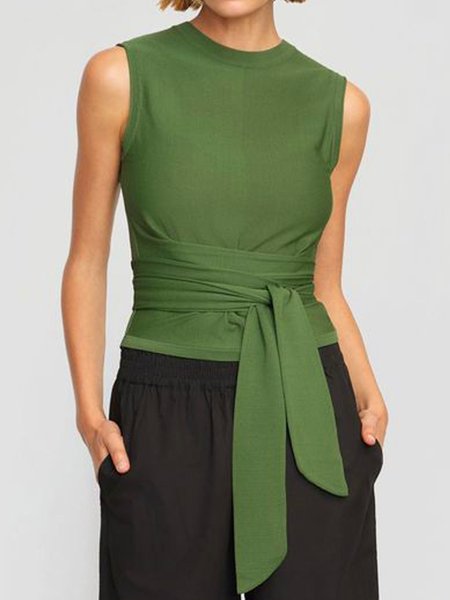 Plain Knot Front Casual Loose Tank Top, Green, Tanks and Camis