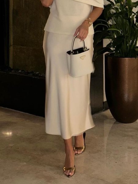 

Regular Fit Elegant Plain Midi Skirt, White, Skirts