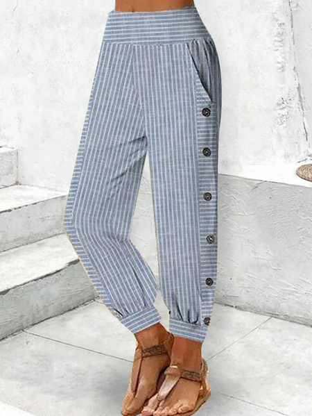 

Casual Striped Long Buckle Pant, Blue, Pants