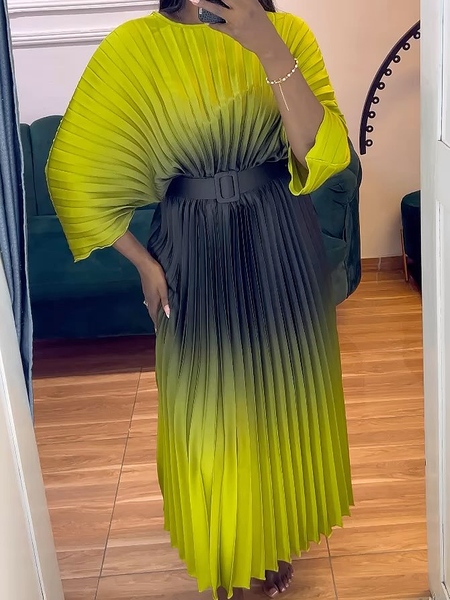 

Loose Crew Neck Short Sleeve Elegant Gradient Pattern Maxi Dress With Belt, As picture, Maxi Dresses