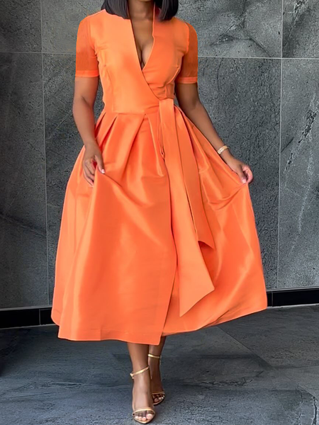 Elegant Others Regular Fit Short Sleeve Plain Maxi Dress With Belt, Orange, Maxi Dresses