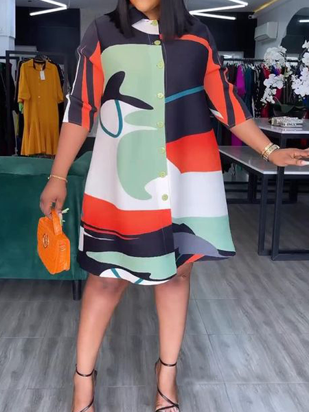 

Abstract Loose Shirt Collar Short Sleeve Urban Mini Dress, As picture, Mini Dresses