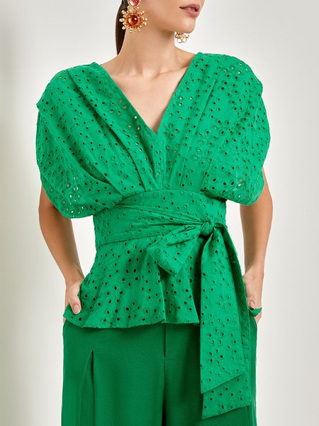 

V neck Regular Fit Plain Elegant Blouse, Green, Blouses and Shirts
