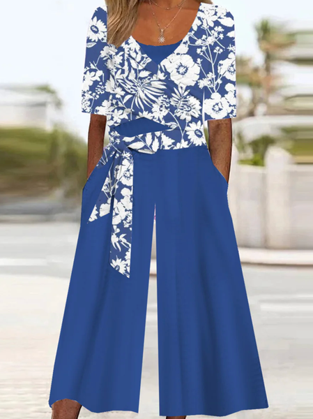 Women Short Sleeve Crew Neck Loose Ankle Pants Daily Casual Floral Natural Jumpsuit, Blue, Jumpsuits&Rompers