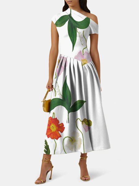 Floral Elegant Asymmetrical Regular Fit Dress, White, Maxi Dresses