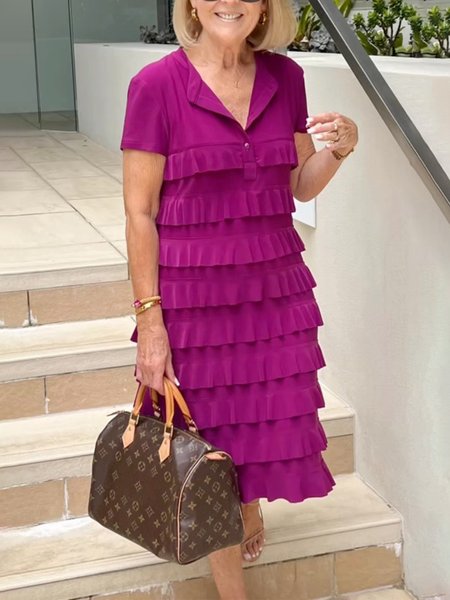

Plain Elegant Short Sleeve Stand Collar Dress, Deep pink, Midi Dresses