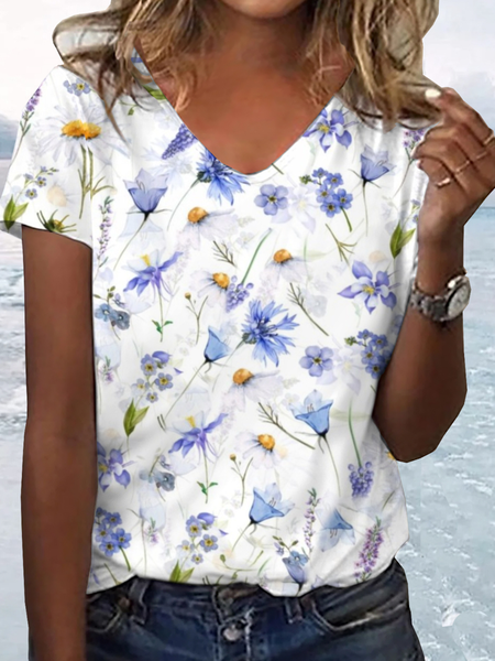 

Casual Floral V Neck Short Sleeve T-shirt, Blue, T-shirts