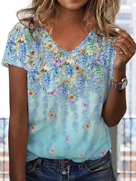 

Casual Floral V Neck Short Sleeve T-shirt, Blue, T-shirts