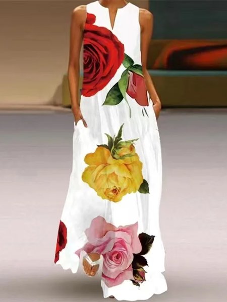 

Vacation Loose Floral Notched Sleeveless Maxi Dress, As picture, Maxi Dresses