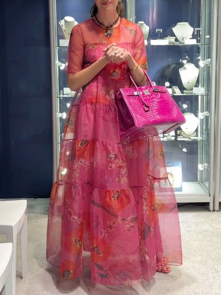 

Organza Crew Neck Vacation Loose Floral Dress, Red, Maxi Dresses