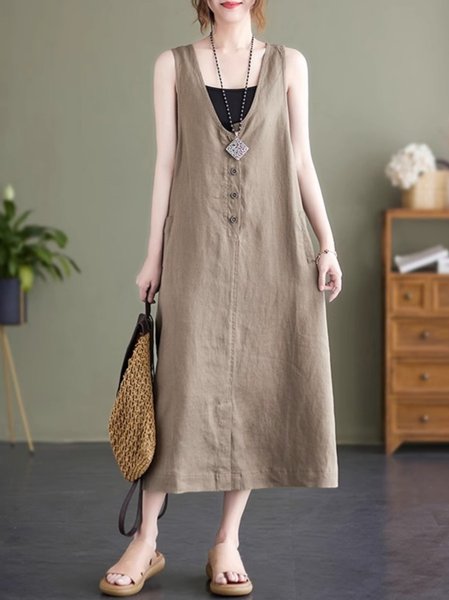 

Casual V Neck Loose Plain Dress, Khaki, Maxi Dresses