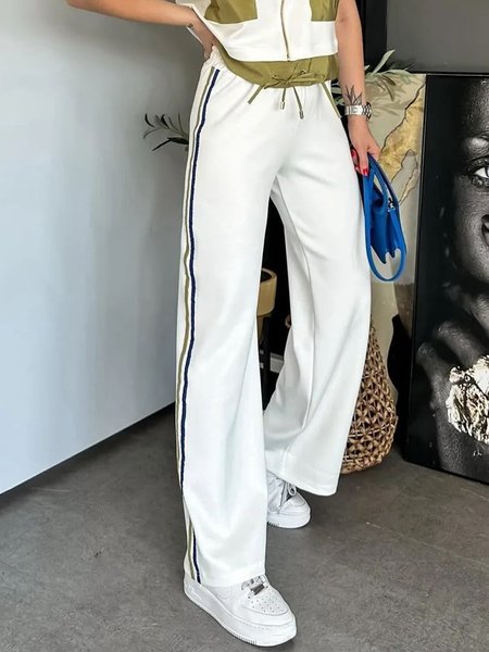

Casual High Waist Color Block Fashion Pants, White, Pants