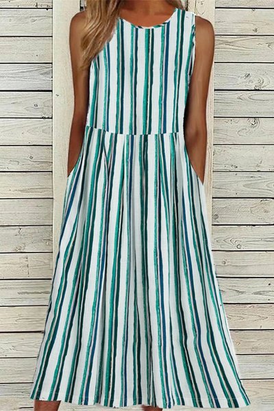 

Vacation Crew Neck Striped Loose Dress With No, Green, Maxi Dresses
