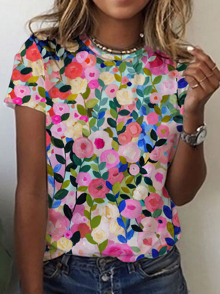 

Casual Floral Crew Neck Short Sleeve T-shirt, Multicolor, T-shirts