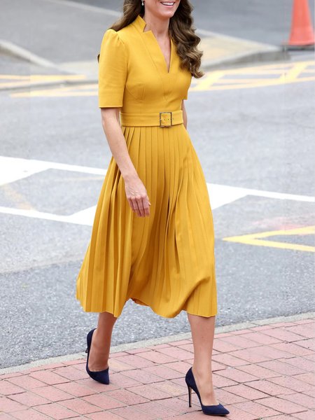 

V Neck Regular Fit Pleated Elegant Plain Dress, Yellow, Midi Dresses