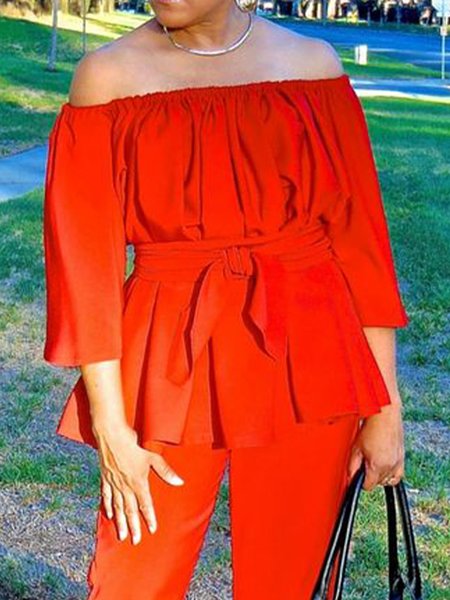 

Urban Loose Cold Shoulder Blouse With Belt, Orange red, Blouses and Shirts