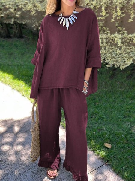 

Women Plain Crew Neck Three Quarter Sleeve Comfy Casual Top With Pants Two-Piece Set, Wine red, Sets