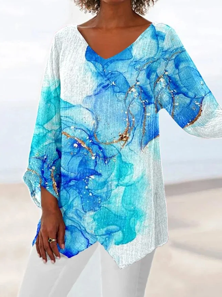 

V Neck Three Quarter Sleeve Abstract Regular Loose Blouse For Women, Blue, Blouses
