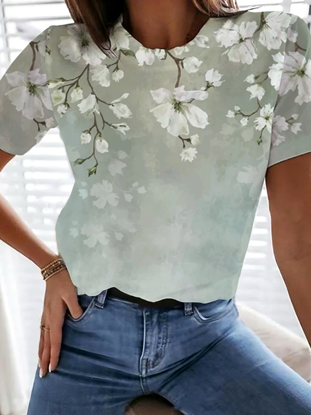 

Casual Floral Crew Neck Short Sleeve T-shirt, Green, T-shirts