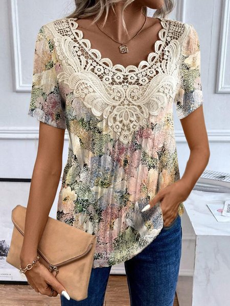 

Women's Short Sleeve Blouse Summer Floral Lace Jersey Crew Neck Daily Going Out Casual Top Yellow, Blouses