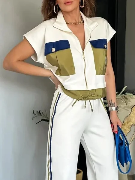 

Loose Zipper Color Block Casual Pockets Blouse, White, Blouses and Shirts