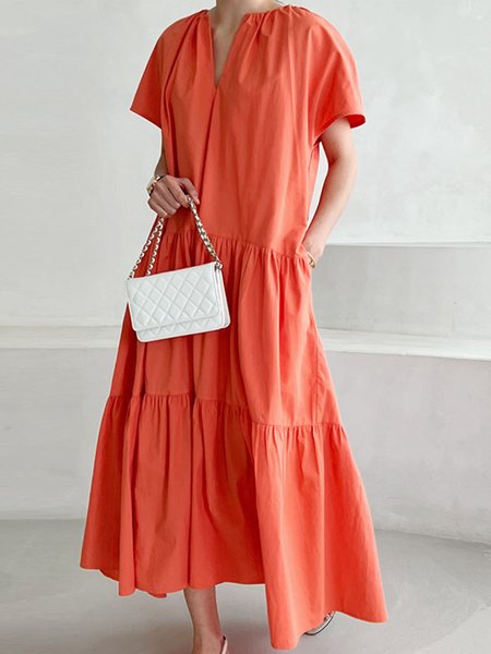 

Daily Plain Cotton Short Sleeve Loose Dress, Orange, Maxi Dresses