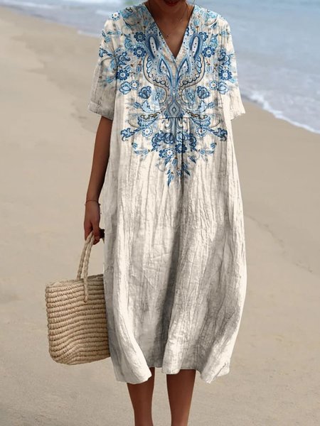 

V Neck Loose Vacation Paisley Dress, Light gray, Maxi Dresses