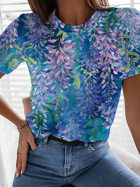 

Casual Floral V Neck Short Sleeve T-shirt, Blue, T-shirts