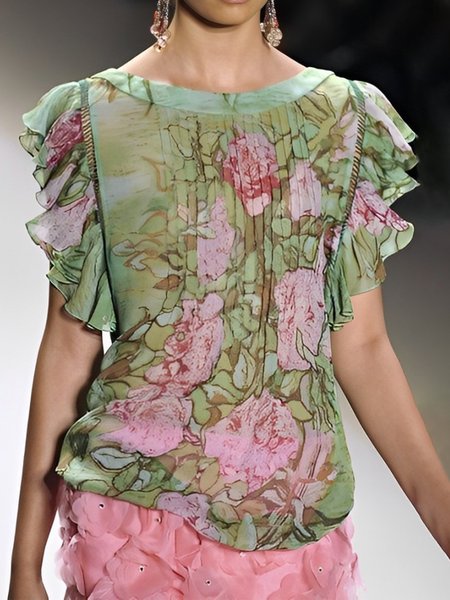 

Regular Fit Crew Neck Elegant Floral Blouse, Aqua, Blouses and Shirts
