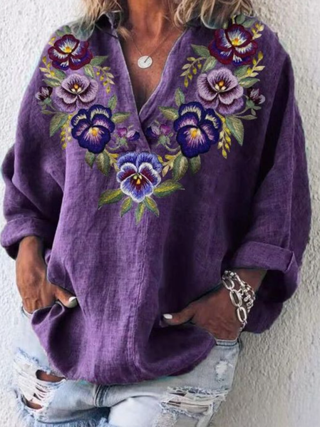 

V Neck Long Sleeve Floral Regular Loose Blouse For Women, Purple, Blouses