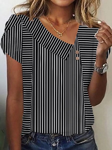 Casual Striped Asymmetrical Short Sleeve T-shirt, Black, Blouses