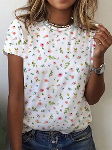 

Casual Floral Crew Neck Short Sleeve T-shirt, White, T-shirts