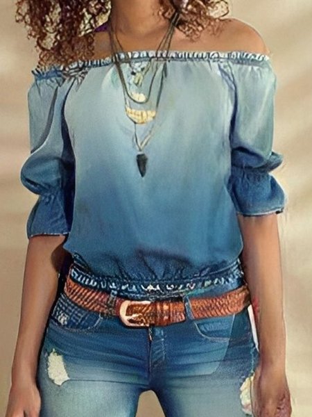 

Casual Regular Fit Ombre Cold Shoulder Denim Top, Blue, Blouses and Shirts