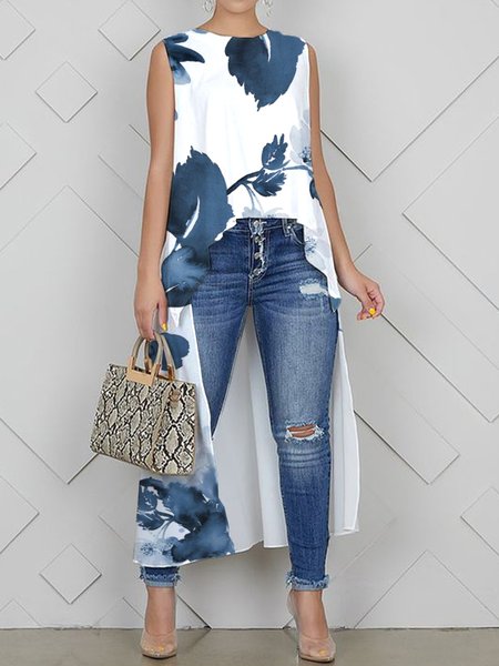 

Loose Casual Floral Crew Neck Tank Top, White-blue, Tanks and Camis