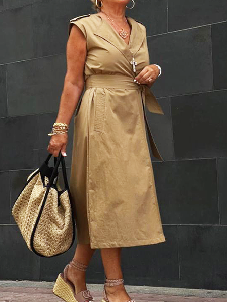 

Shawl Collar Sleeveless Loose Urban Midi Dress With Belt, Khaki, Midi Dresses
