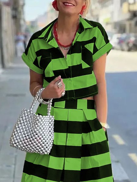 

Casual Regular Fit Striped Crop Shirt, Green, Blouses and Shirts